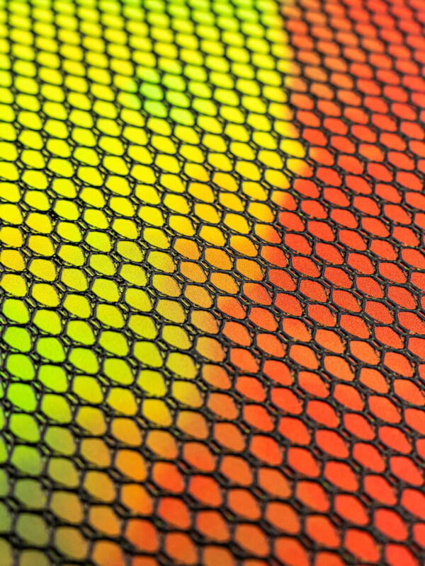 Similpelle stampata al metro motivo "Rete su base fluo multicolor" | Agile Print